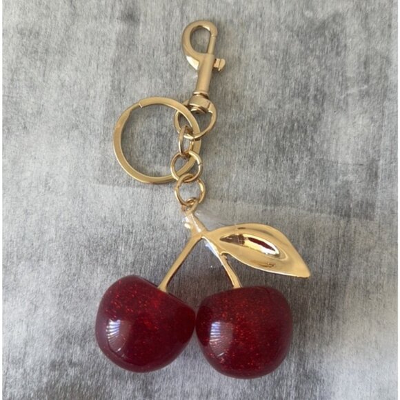 Cherry Pair  w Leave Red Glitter Keychain Fob Purse Charm Gold - Picture 7 of 8